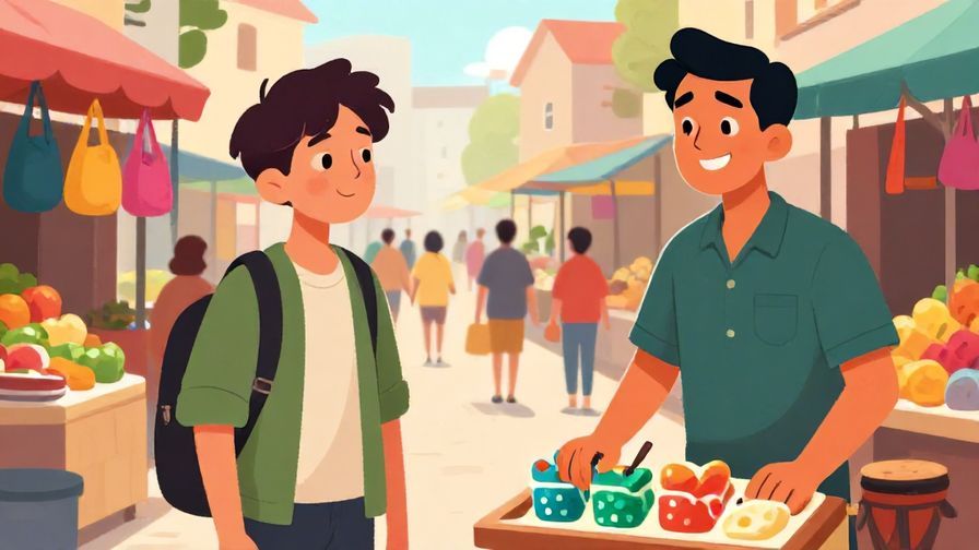 Illustration of a character looking sideways suspiciously at a suspiciously smiling salesman in a busy street market, colorful stalls around
