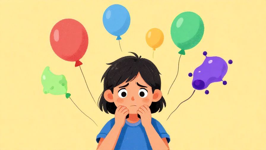 Illustration of a character looking stressed, with a visual metaphor of a balloon about to pop behind them, vibrant colors, illustrated style