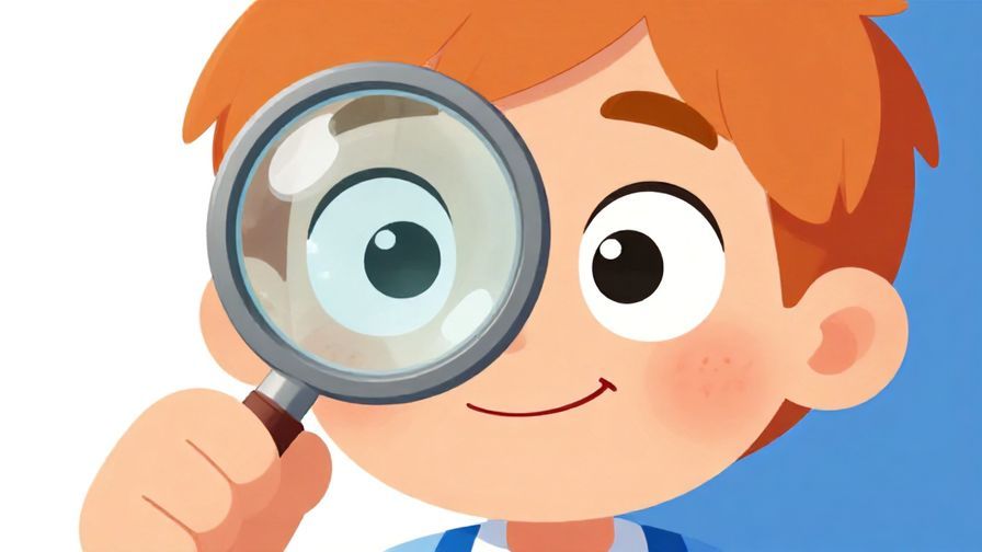 Illustration of a character looking through a magnifying glass with a cheeky smile, bright and playful colors