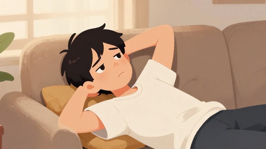 Illustration of a character lying on a couch looking bored and annoyed, soft lighting, casual home background, illustrated style
