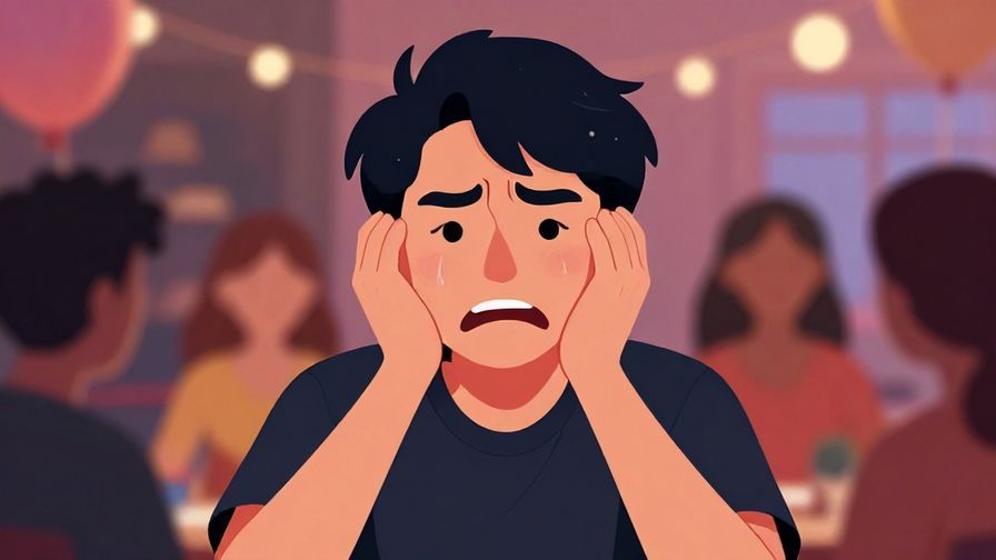 Illustration of a character making a pained, exaggerated face at a party, humorous atmosphere