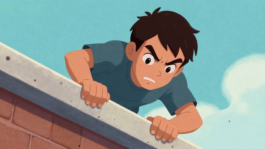 Illustration of a character narrowly grabbing onto a ledge to avoid falling, intense facial expression, dynamic colors