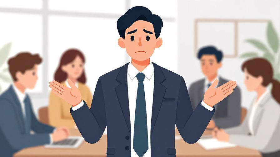Illustration of a character nervously gesturing with both hands, business setting with colleagues in the background