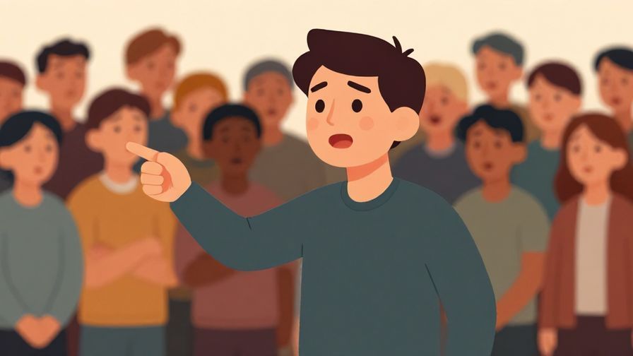 Illustration of a character pointing accusingly with a shocked crowd behind