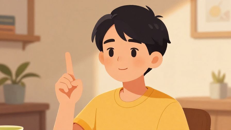 Illustration of a character raising one finger, smiling softly but seriously, warm indoor setting