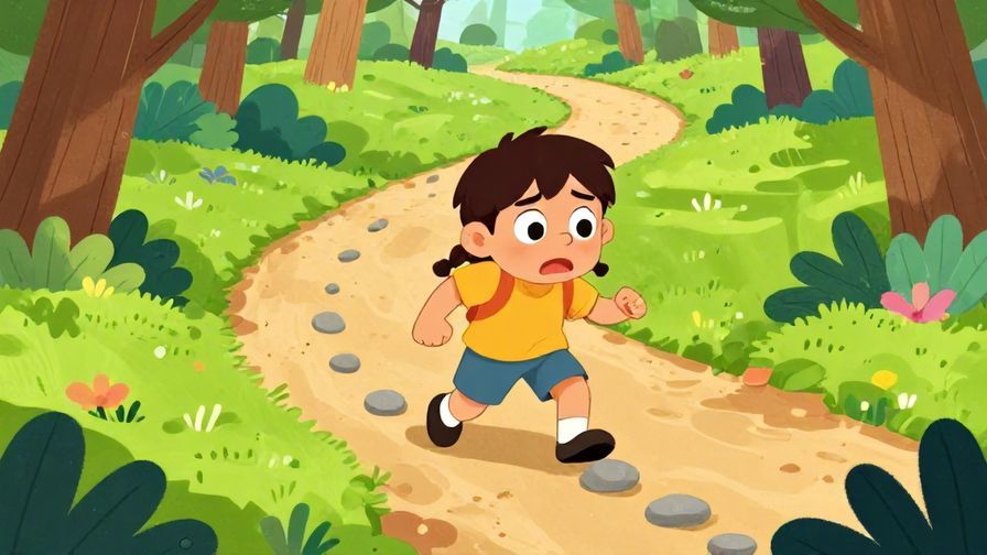 Illustration of a character repeatedly tripping over small stones on a path, looking a bit frustrated but determined, bright and colorful forest path background