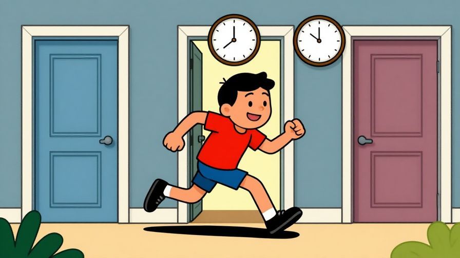 Illustration of a character rushing through doors with a relieved smile, clock showing almost time, bright colors