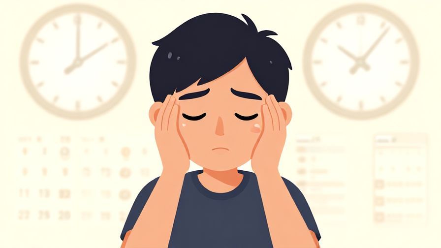 Illustration of a character shaking their head gently but firmly, with a soft background of clocks and calendars