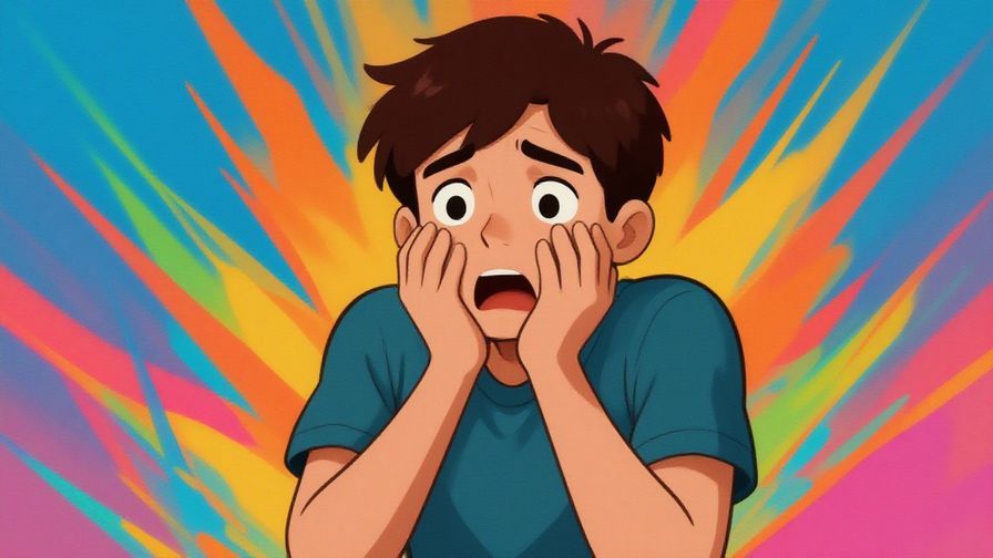 Illustration of a character shivering slightly with wide eyes after a sudden scare, vibrant background