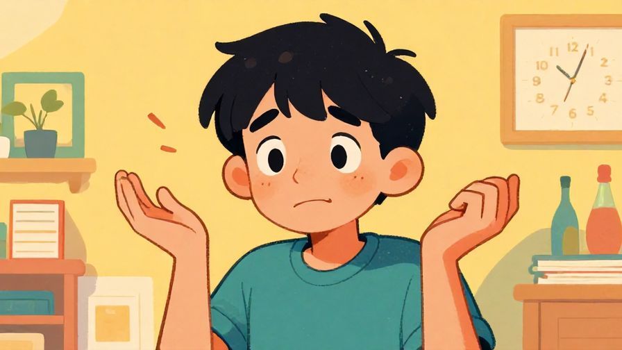 Illustration of a character shrugging with a small, apologetic smile, detailed background, vibrant colors, illustrated style