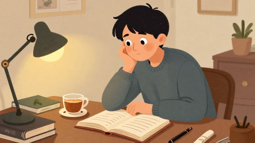 Illustration of a character sitting at a desk with a thoughtful expression, old notebooks and a cup of tea nearby, cozy indoor setting, soft lighting