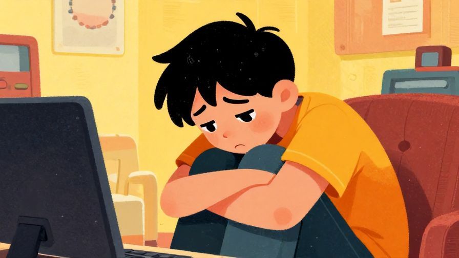 Illustration of a character slouching with a tired, annoyed face, messy room background, vibrant colors, illustrated style