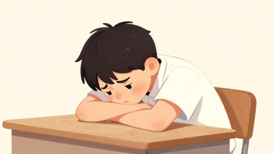Illustration of a character slumped over a desk looking exhausted and annoyed, soft pastel background, illustrated style
