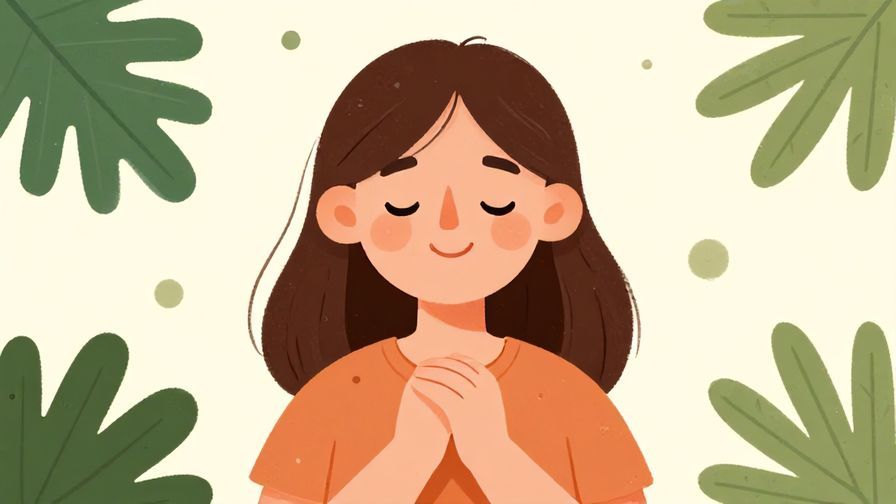 Illustration of a character smiling gently with hands clasped, surrounded by palm leaves and soft dots, warm natural colors