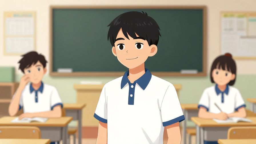 Illustration of a character smirking confidently while another looks frustrated, schoolyard background