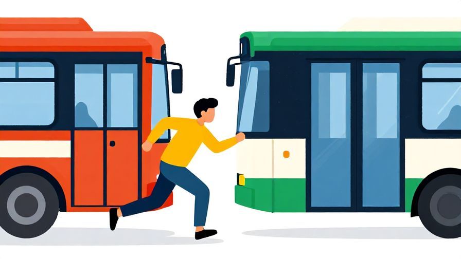 Illustration of a character sprinting towards a bus or train, just catching it as doors close, vibrant colors