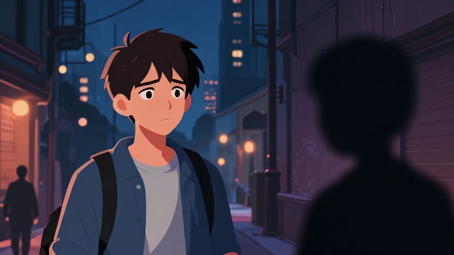 Illustration of a character squinting suspiciously at a shadowy figure in an alley, with a moody nighttime city background, vibrant colors, illustrated style