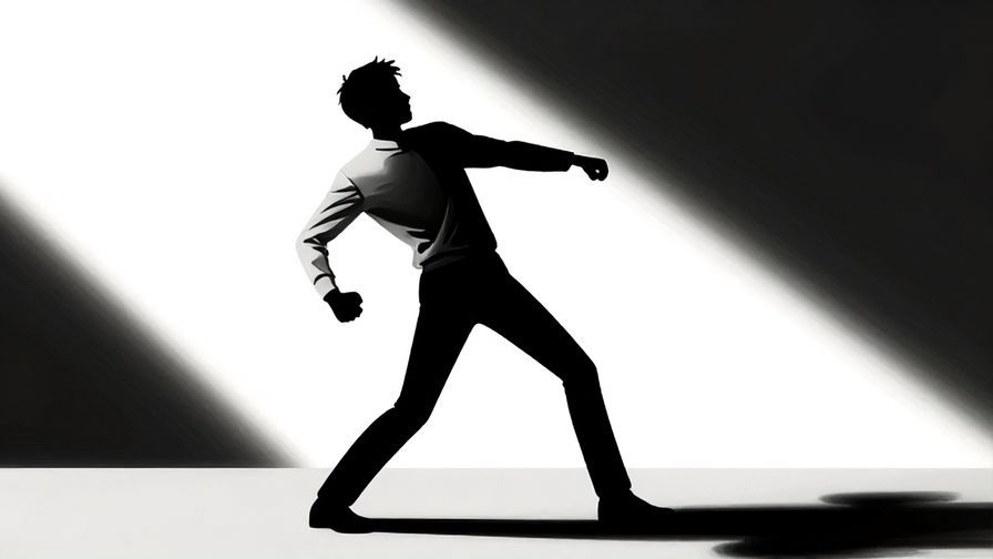 Illustration of a character stepping back just before danger, tense atmosphere, sharp lighting