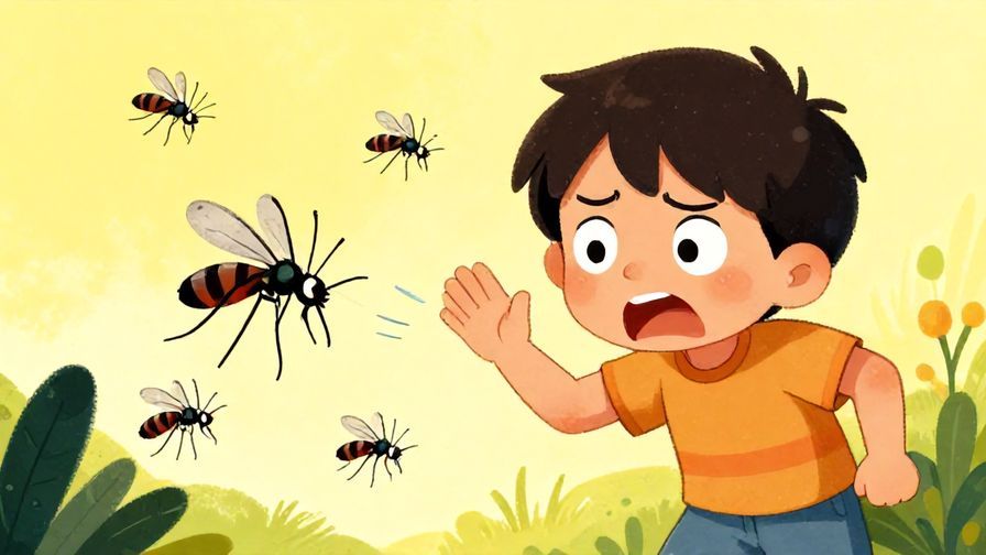 Illustration of a character swatting away mosquitoes with an annoyed face, vibrant colors, illustrated style