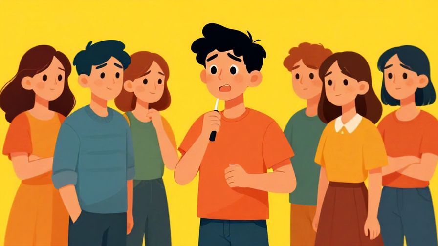 Illustration of a character telling a joke to a group who looks unimpressed, bright colors