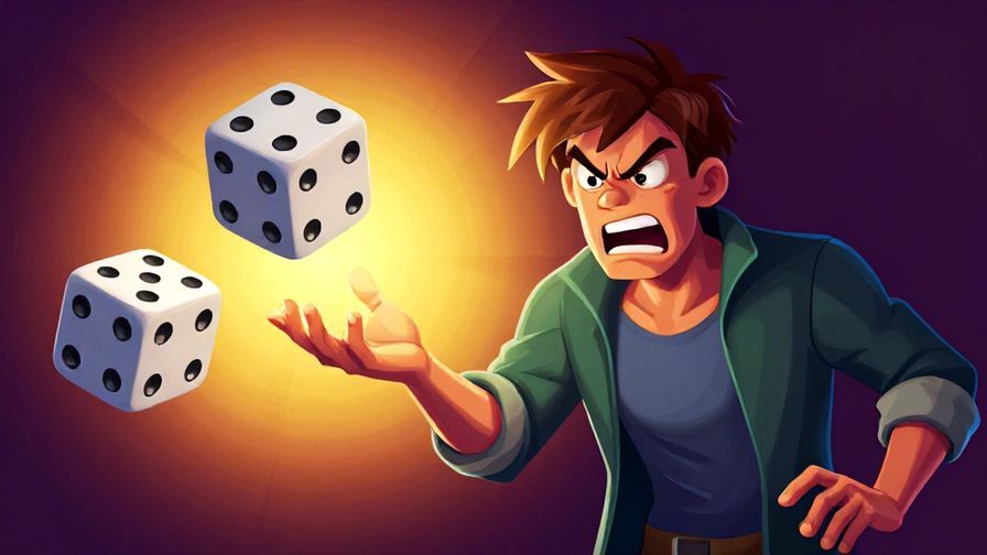 Illustration of a character throwing dice with a grimace, dice showing low numbers, dramatic lighting emphasizing frustration, vibrant colors