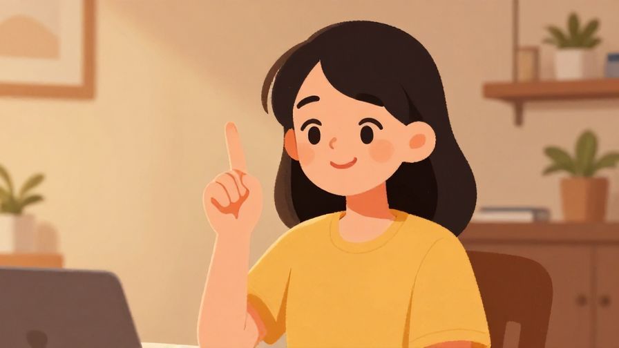 Illustration of a character waving a finger playfully while smiling, casual home interior, warm cozy atmosphere