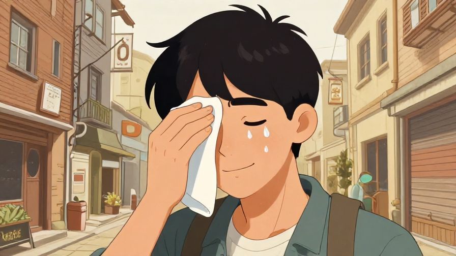 Illustration of a character wiping sweat from their forehead with a thankful smile, detailed background of a narrow escape scenario