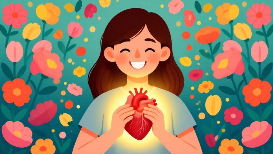 Illustration of a character with a big smile, holding their heart with warm glowing light around them, gentle floral background, vibrant colors