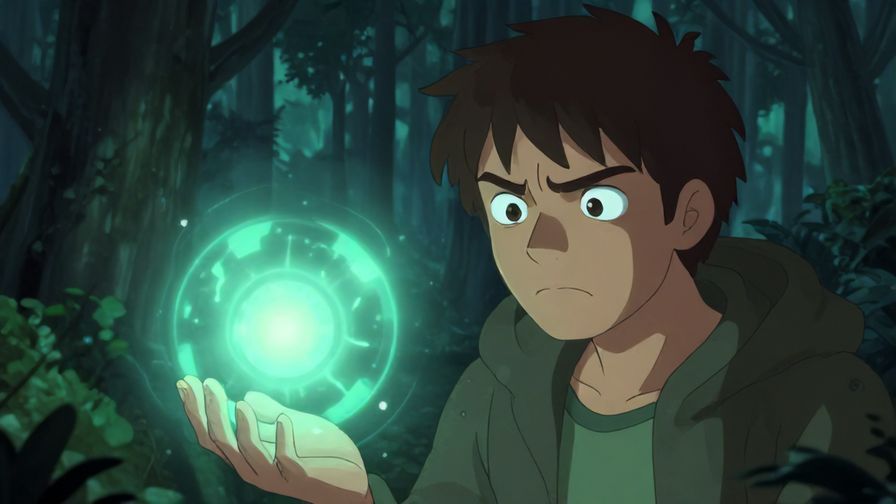 Illustration of a character with a furrowed brow looking at a glowing object emitting strange light, mysterious forest background