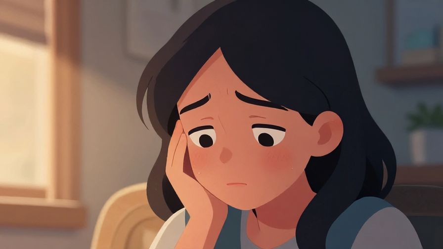 Illustration of a character with a regretful expression, covering their face lightly with one hand, moody indoor lighting, calm colors