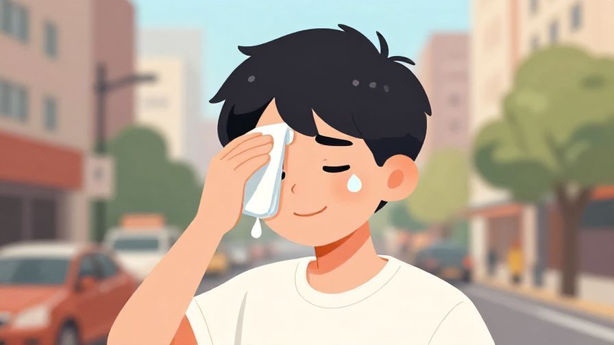 Illustration of a character with a relieved smile, wiping sweat off the forehead, city street background