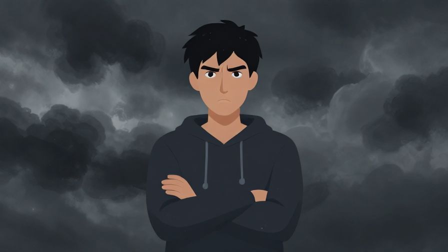 Illustration of a character with a serious expression, arms crossed, surrounded by subtle stormy clouds