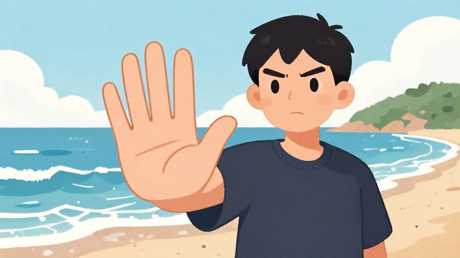 Illustration of a character with a serious expression holding a hand up to stop, coastal background with small waves, informal style