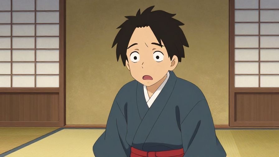 Illustration of a character with a shocked expression in a traditional Japanese room, gentle lighting