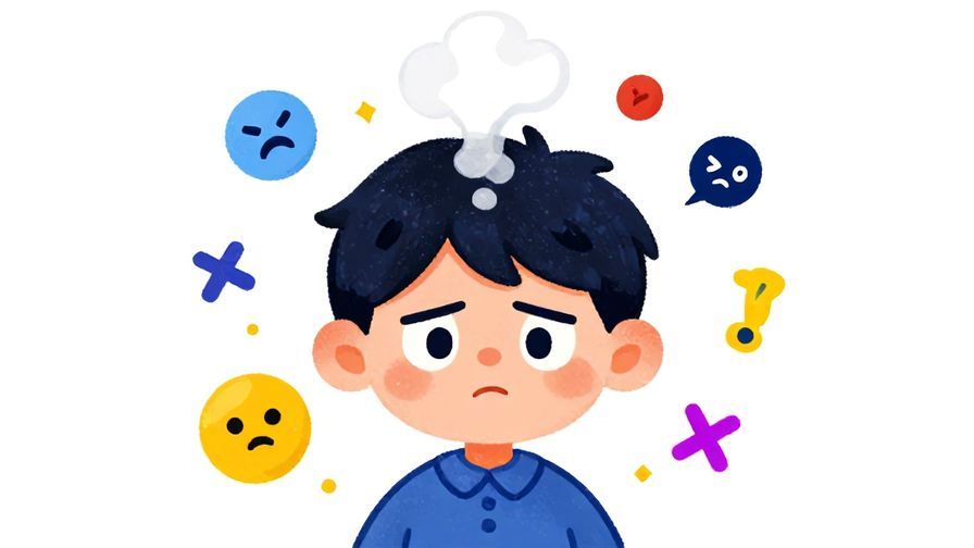 Illustration of a character with a slight frown and steam puffing from the head, surrounded by small angry symbols, vibrant colors, illustrated style