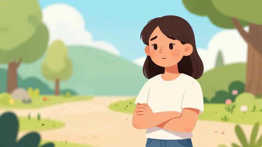 Illustration of a character with a slightly disappointed but caring smile, standing with arms crossed in a casual outdoor setting, bright colors