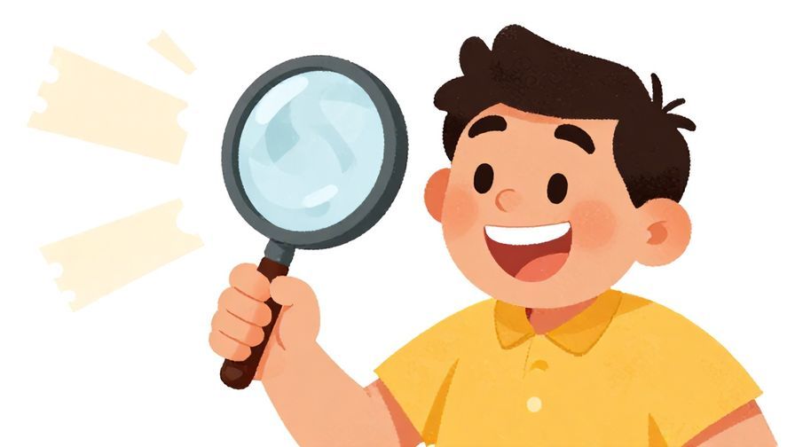 Illustration of a character with a wide grin, holding a magnifying glass over a clue, playful and bright colors, illustrated style