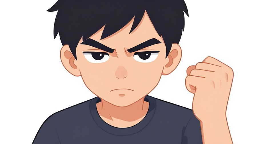 Illustration of a character with determined eyes, clenching fist, casual setting