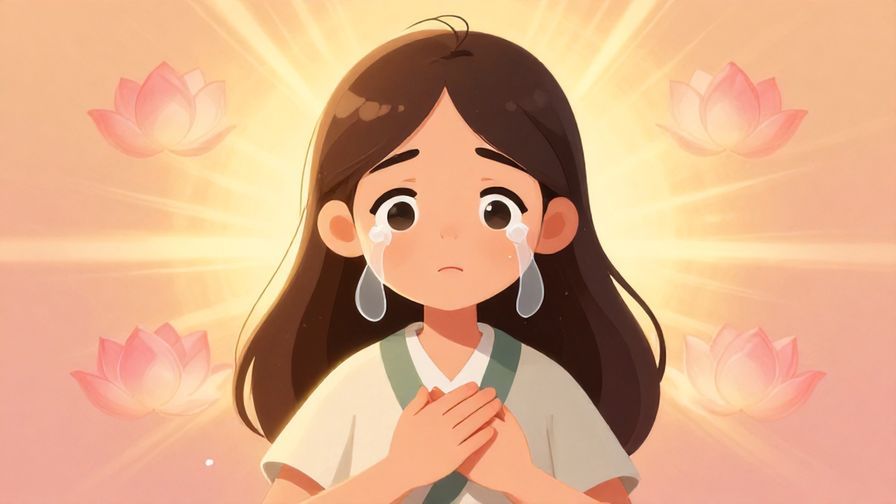 Illustration of a character with hands over heart and teary eyes, surrounded by lotus flowers and light rays, warm colors