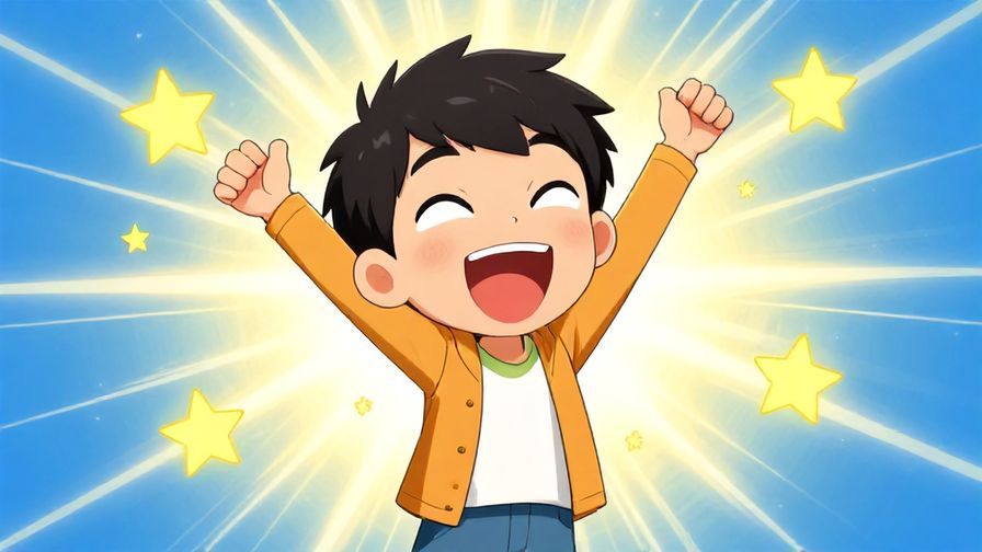 Illustration of a character with lively, exaggerated happy expression and energetic pose, surrounded by stars and light rays, bright colors