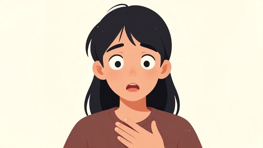 Illustration of a character with wide eyes and hand on chest, showing genuine shock and relief, soft background