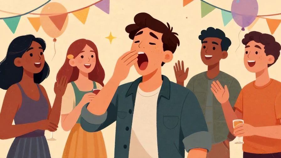 Illustration of a character yawning during a party, others laughing and having fun