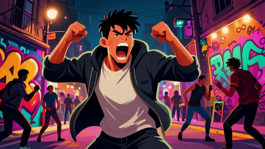 Illustration of a character yelling fiercely with clenched fists, street fight scene with vibrant graffiti and night lights