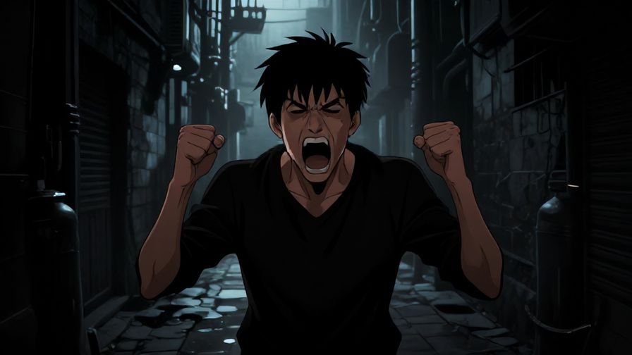 Illustration of a character yelling with clenched fists in a dark alley, dramatic shadows
