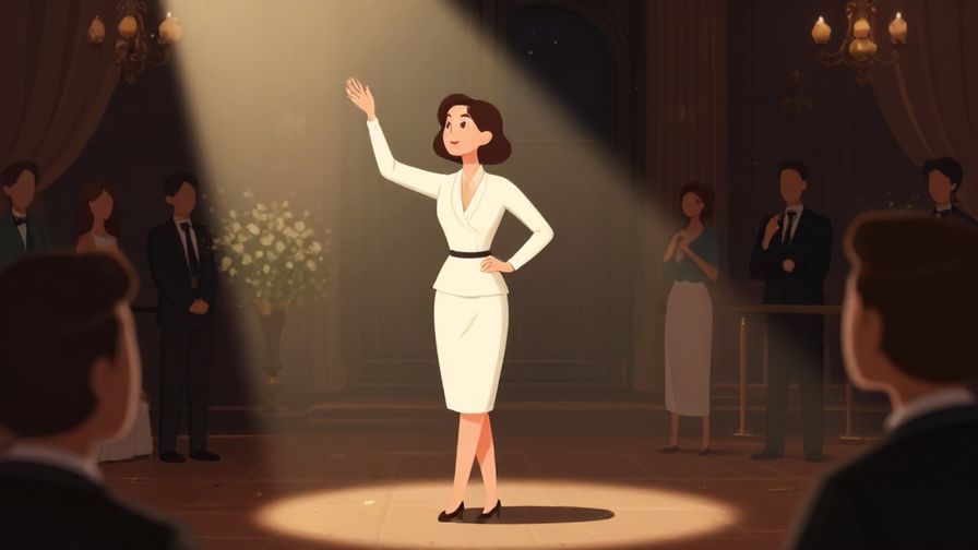 Illustration of a charming person drawing attention in a formal event, soft spotlight, graceful mood