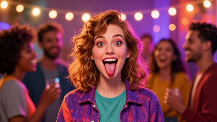 Illustration of a cheeky character sticking tongue out, laughing with friends under festive lights, vibrant colors