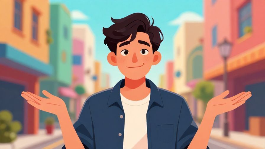 Illustration of a cheeky young person shrugging with a playful smirk, bright colorful urban background