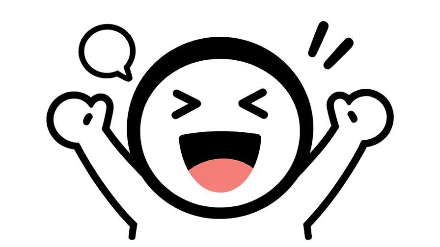 Illustration of a cheerful character with a big smile, hands in the air, cartoonish sound effect bubbles around