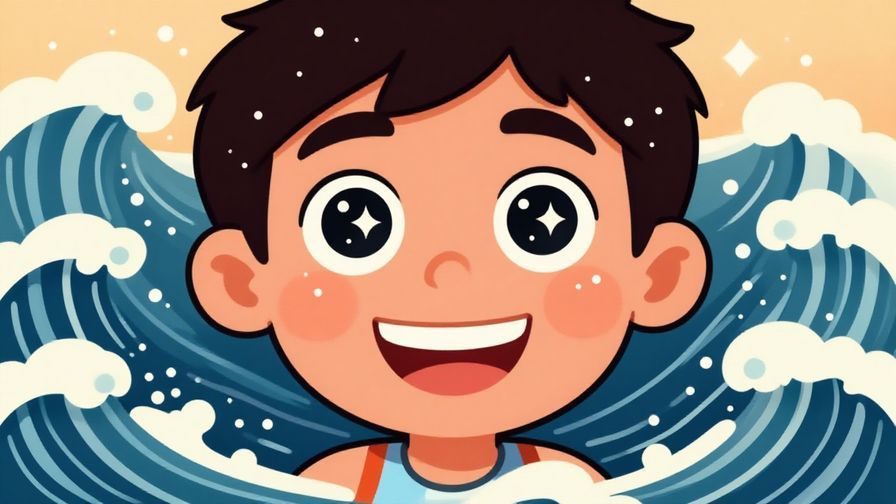 Illustration of a cheerful character with a big smile and sparkling eyes, surrounded by gentle waves and soft dots, warm colors