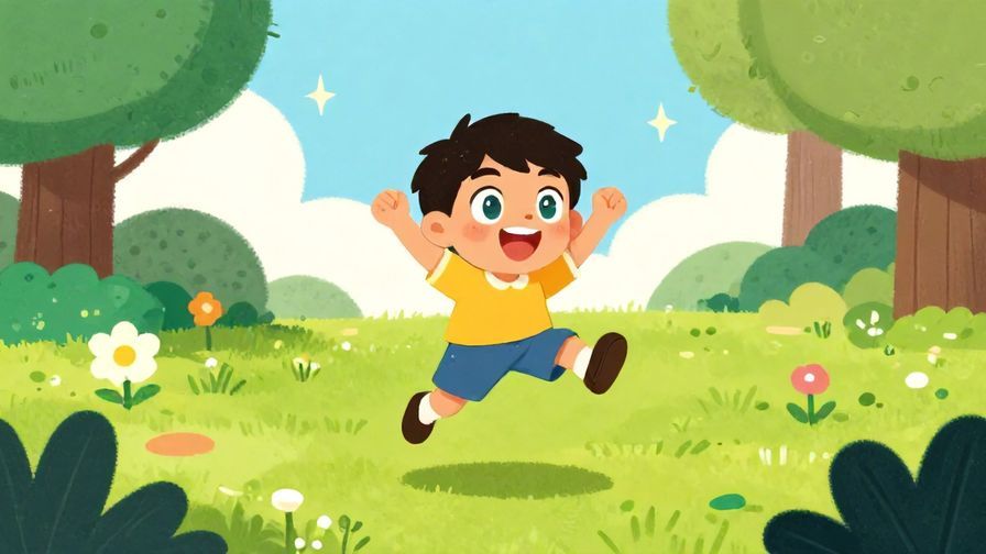 Illustration of a cheerful character with sparkling eyes, jumping lightly in a park, vibrant colors, illustrated style
